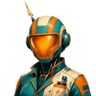 Sparky, the Mad Lab robot assistant, wearing an orange-visor helmet