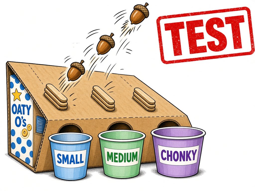TEST cartoon of the Acorn-Sorter 9000: a cereal-box ramp with stacked popsicle-stick bumps launching acorns over small, medium and chonky cups