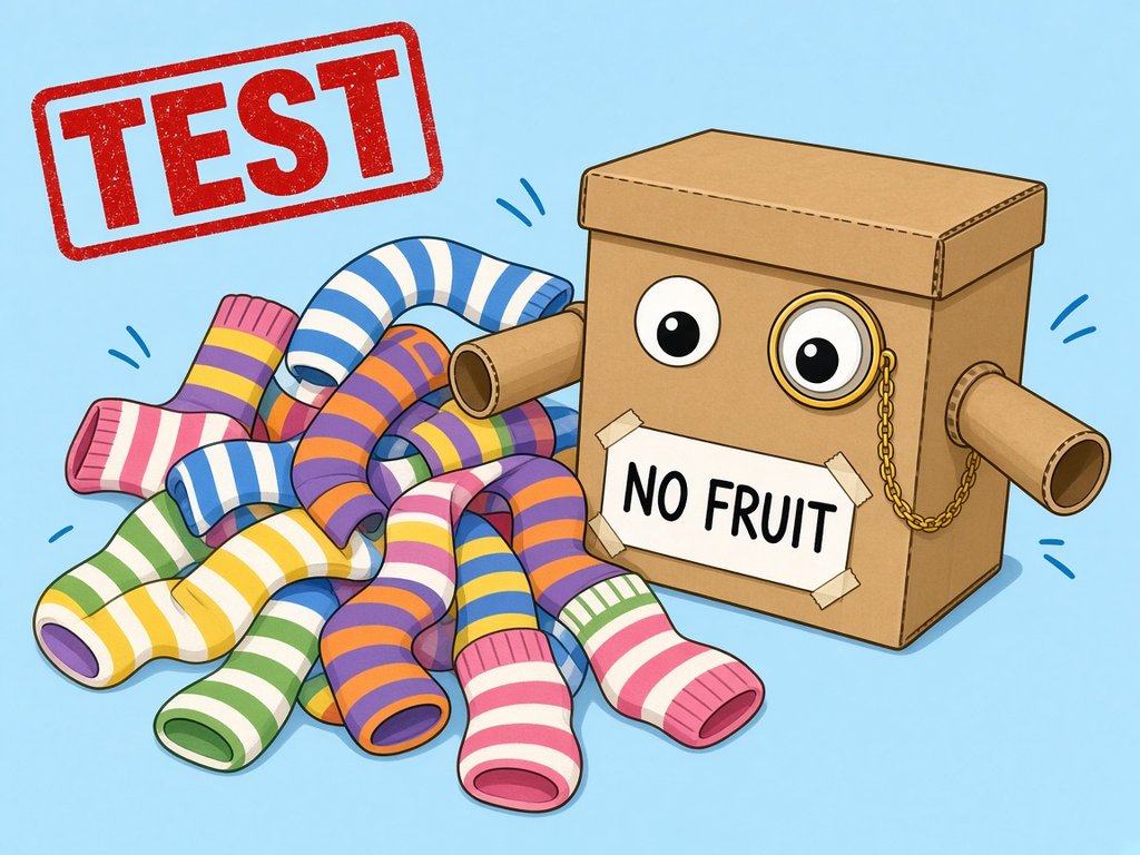 TEST cartoon of the Sock-O-Matic 3000: a cardboard box robot with googly eyes, a monocle and a NO FRUIT sign next to a big pile of striped socks