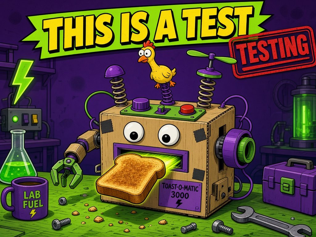 Cartoon of the TEST Toast-O-Matic 3000: a cardboard robot with googly eyes launching a slice of toast, with a rubber chicken antenna and a THIS IS A TEST banner